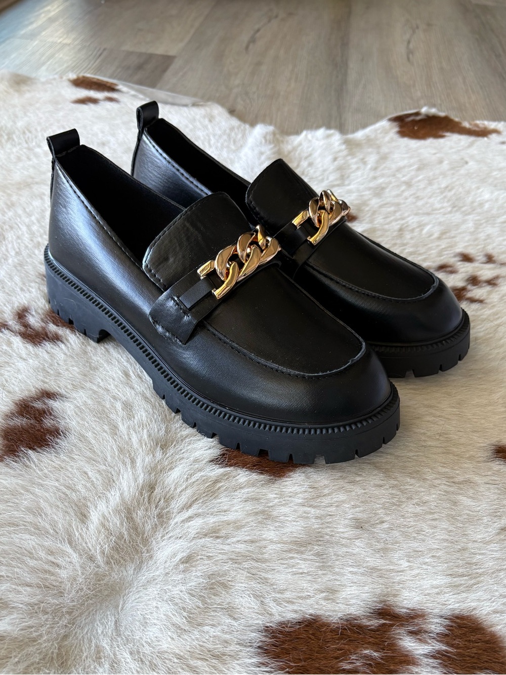 NEW in box: Black Chain-Accent Lug Sole Loafers